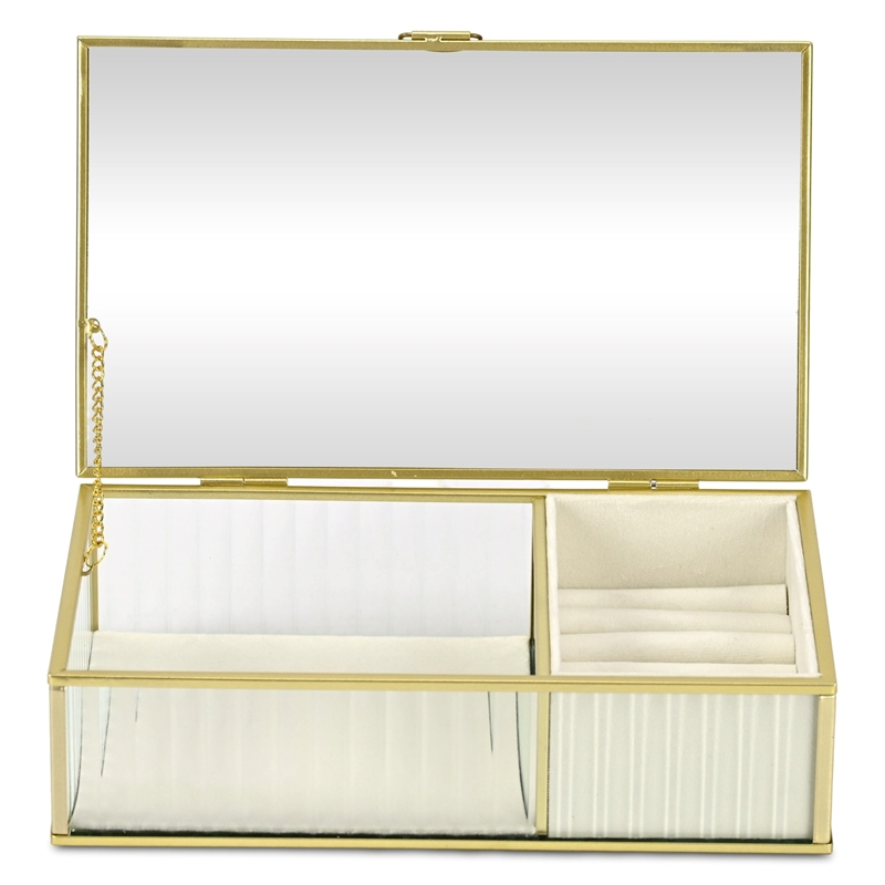 Verena 9.75 inch Glass Jewelry Box with Two Padded Compartments - Gold