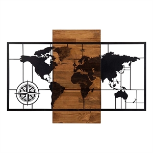 ASIR Wallity World Map With Compass Decorative Wooden Wall Accessory in Walnut