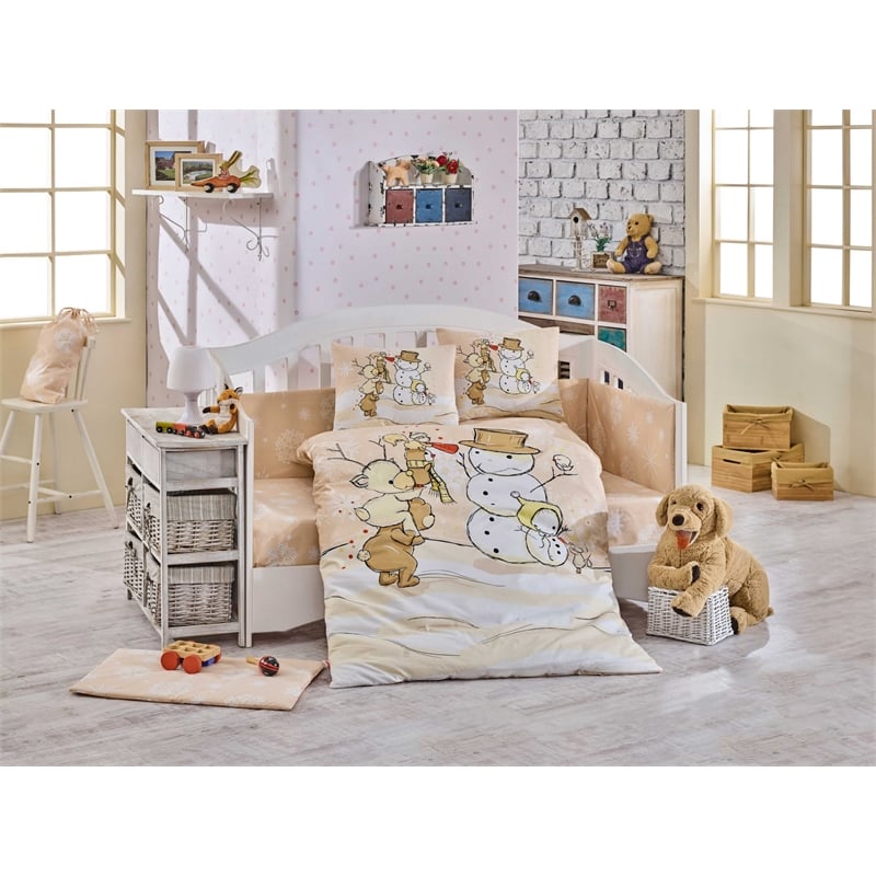 ASIR L'essential Maison Snowball - Beige Red Poplin Baby Quilt Cover Set