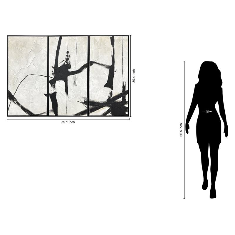 Black Abstract Harmony Framed Canvas Triptych Wall Art - Wood Frame - Set of 3