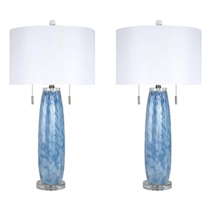 Azure Drift Table Lamp Blue Art Glass & Clear Crystal - Set of 2