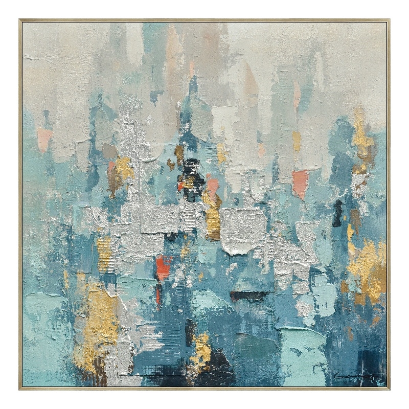 Teal Harmony Abstract Multi-Color Canvas Wall Art - Champagne Gold Wood Frame