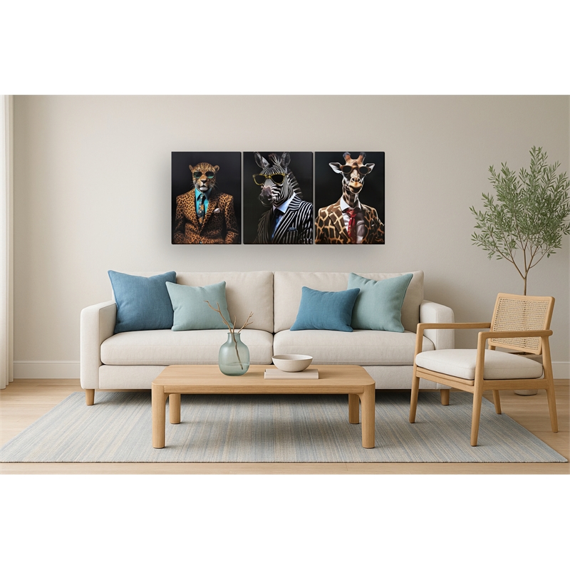 Dapper Safari Gentlemen Multi-Color Canvas Wall Art - Wood Frame - Set of 3