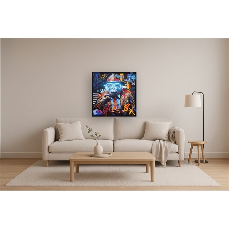 More Money Monkey Graffiti Art Multi-Color Canvas Neon Wall Art - Wood Frame