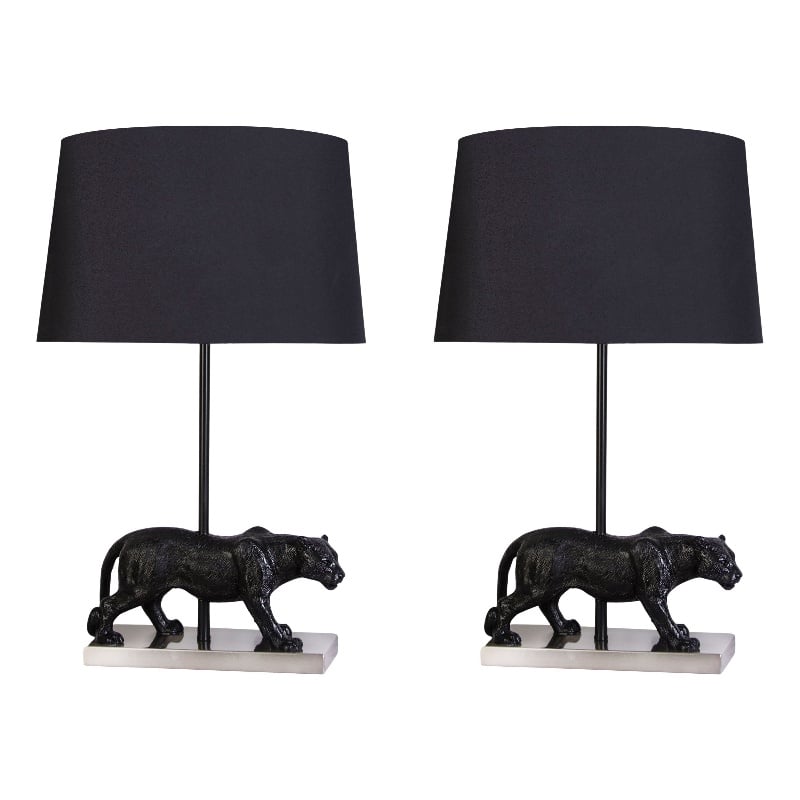 Panther Noir Polyresin Table Lamp - Black & Polished Nickel - Metal