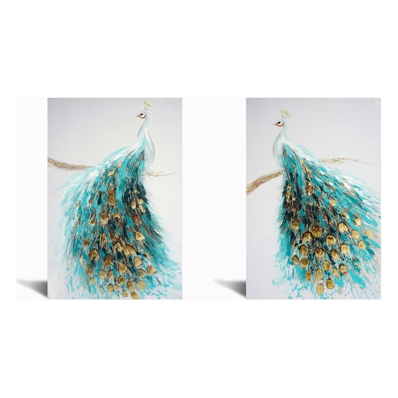 Opulent Peacock Pair in Teal & Gold Canvas Wall Art - Multicolor