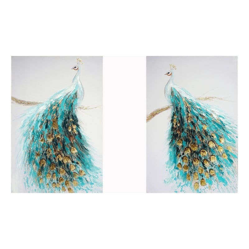 Opulent Peacock Pair in Teal & Gold Canvas Wall Art - Multicolor