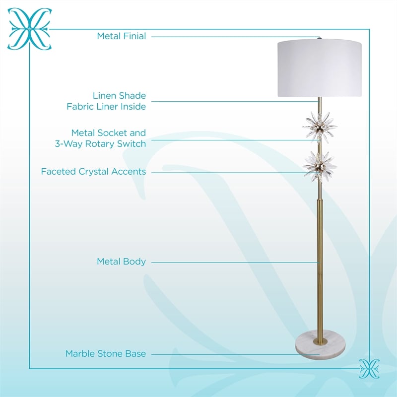 Crystal Bloom Metal Floor Lamp - Soft Gold Clear Crystal & White Marble