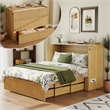Full Size Murphy Cabinet Bed with Charging Station Light Wood Finish