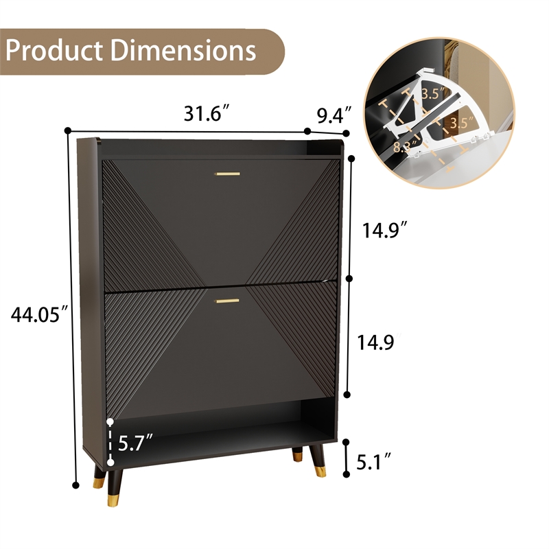 Modern Flip Down Shoe Cabinet with 2 Drawers for Entryway Black