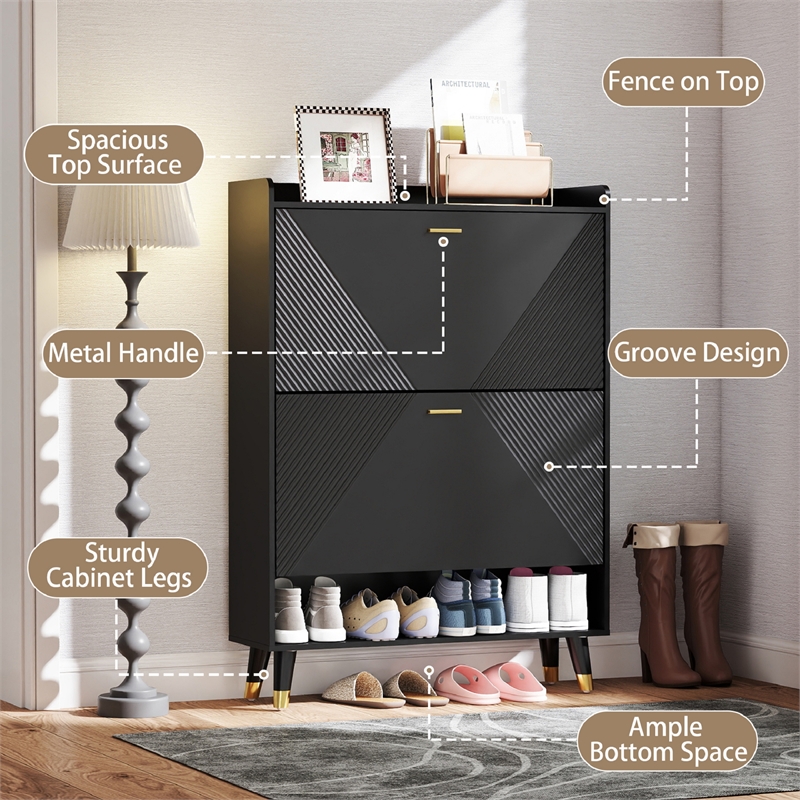 Modern Flip Down Shoe Cabinet with 2 Drawers for Entryway Black