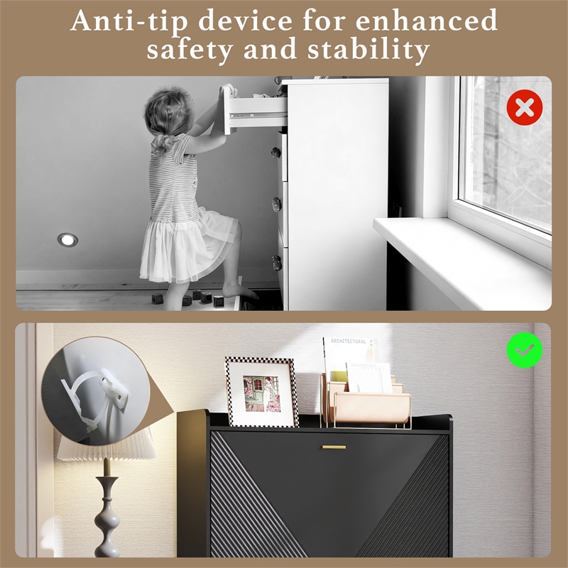 Modern Flip Down Shoe Cabinet with 2 Drawers for Entryway Black