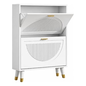 Modern Slim Shoe Cabinet with 2 Flip Drawers & Metal Legs White