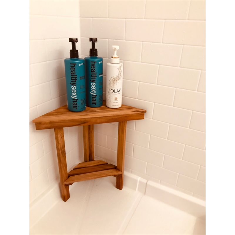 Teakworks4u Mini Corner Shower Bench with Shelf in Teak