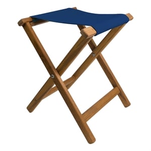 Teakworks4u Folding Teak Camp Stool with Canvas Colbert Blue Seat in Teak