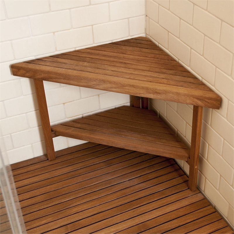 Teakworks4u Deluxe Corner Shower Bench with Shelf in Teak