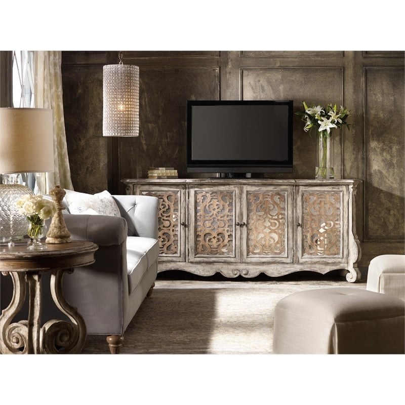 Hooker Furniture Chatelet 4 Door Wood Console Cabinet in Caramel Froth Brown