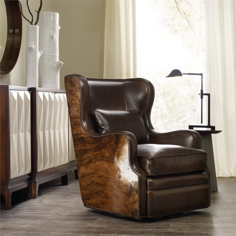 Hooker Furniture Wellington Leather Swivel Club Chair in Brown Cymax