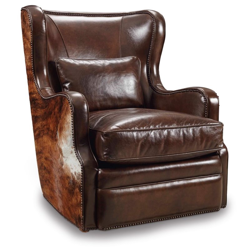 Hooker Furniture Wellington Leather Swivel Club Chair in Brown Cymax