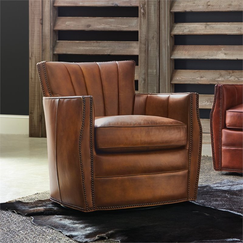 Hooker Furniture Carson Leather Swivel Club Chair in Spice Brown
