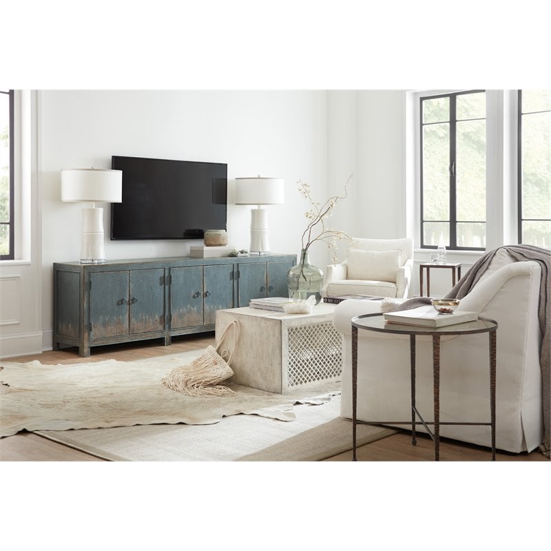 Boheme Salvator Wood Media Console in Distressed Blue by Hooker Furniture