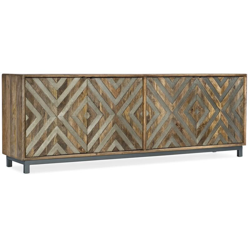 Wood-Door Entertainment Console in Medium Brown w/ Chevron Inlay by Hooker