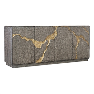 melange fissured wood entertainment credenza w/ gold motif by hooker furniture