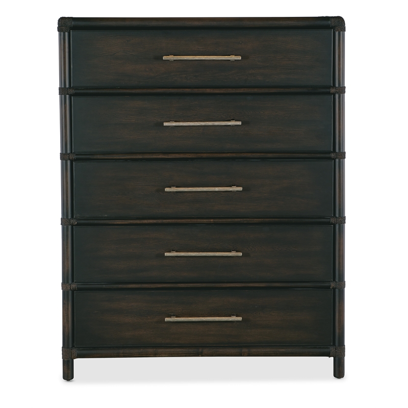 Retreat Wood Pole Rattan Five-Drawer Chest in Black by Hooker Furniture