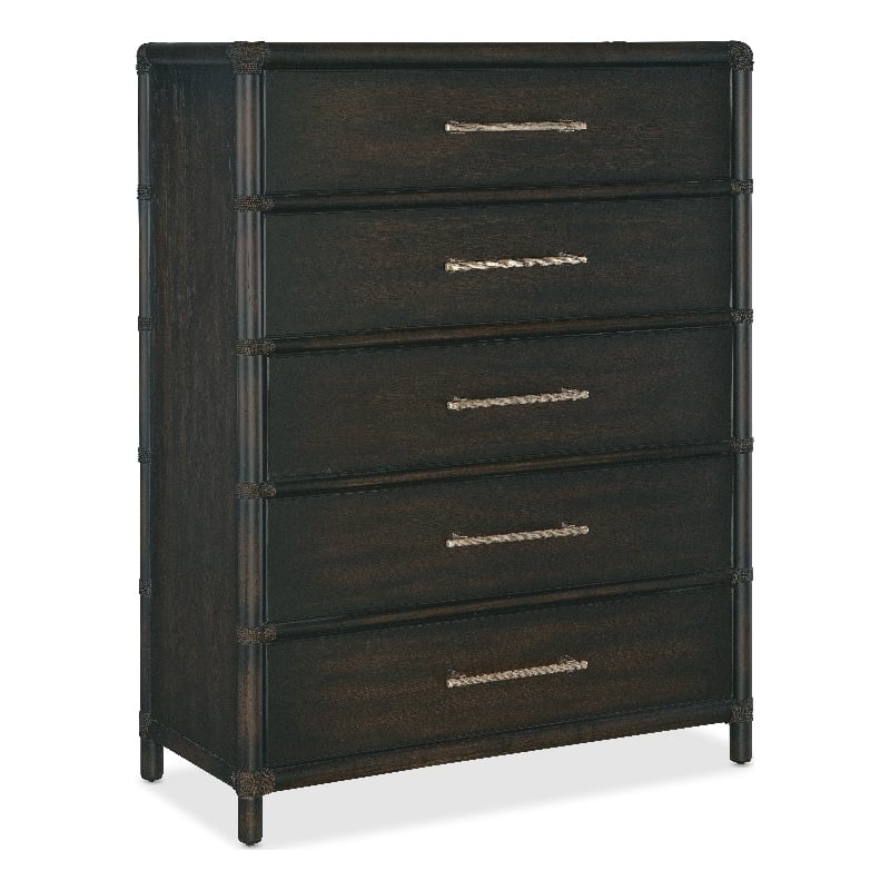 Retreat Wood Pole Rattan Five-Drawer Chest in Black by Hooker Furniture