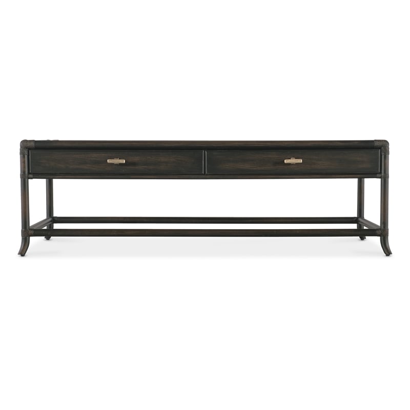 Retreat Pole Rattan Wood Cocktail Table in Black by Hooker Furniture