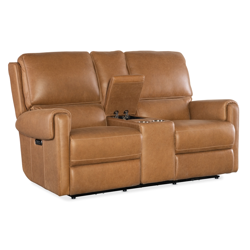 Hooker Furniture Somers Power Transitional Leather Console Loveseat in Brown