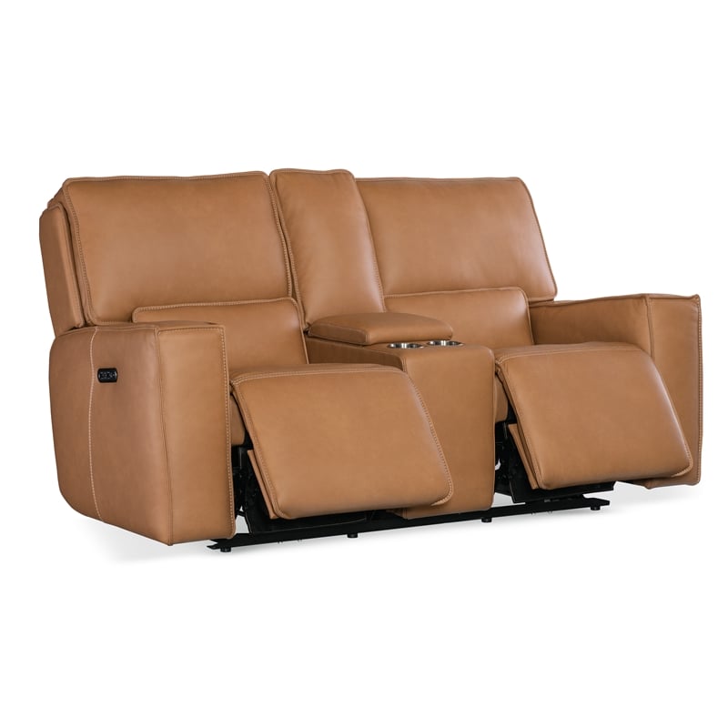 Miles Zero Gravity Leather Power Console Loveseat in Brown by Hooker Furniture