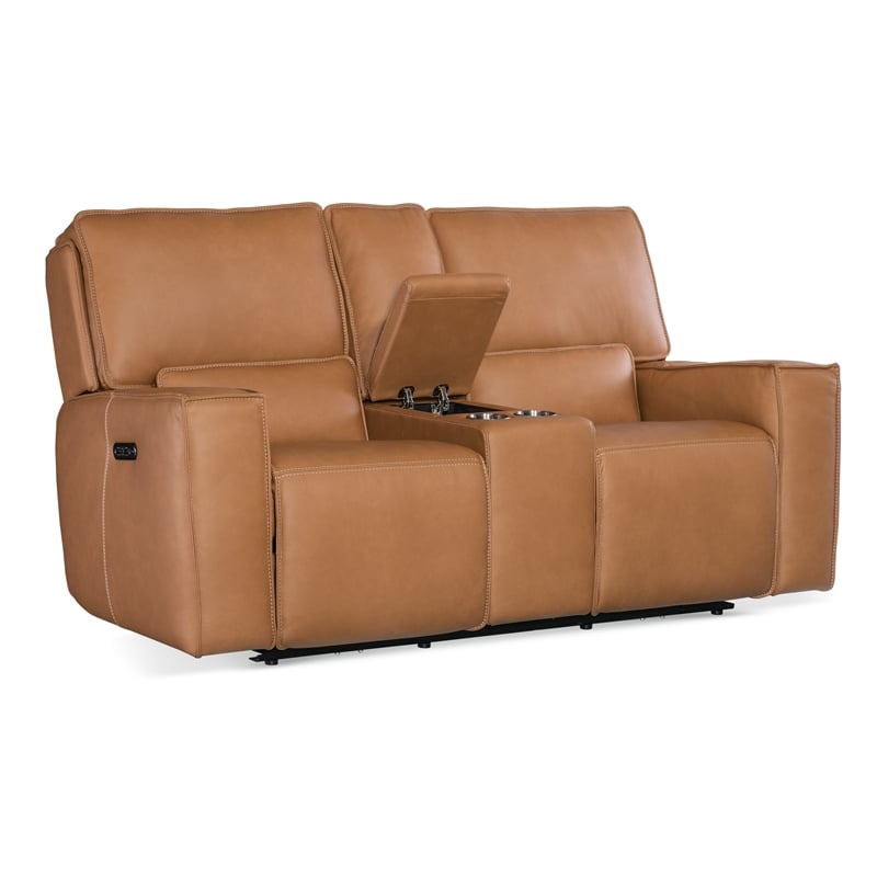Miles Zero Gravity Leather Power Console Loveseat in Brown by Hooker Furniture
