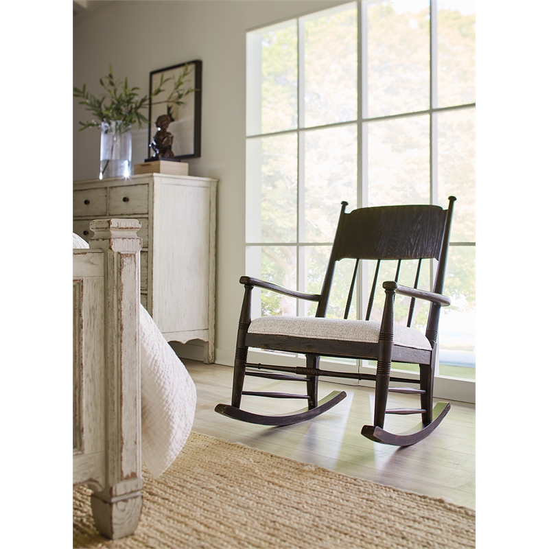 Americana Wood Rocking Chair with Beige Fabric Seat by Hooker Furniture