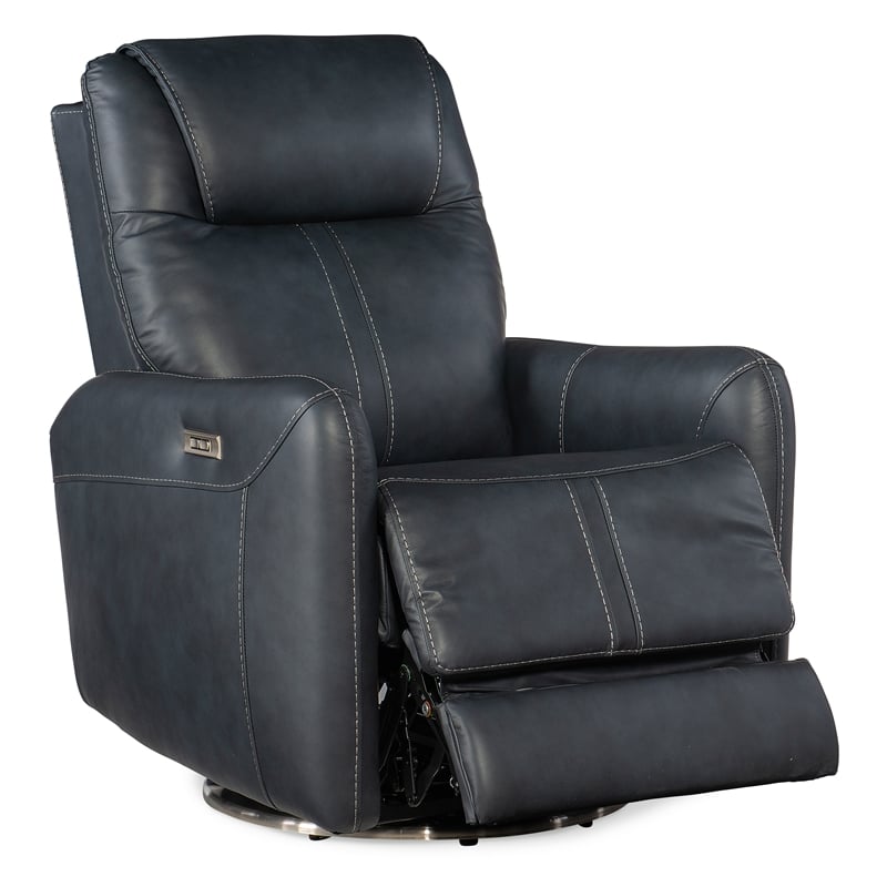 Steffen Swivel Power Recliner with Power Headrest in Blue Leather by Hooker