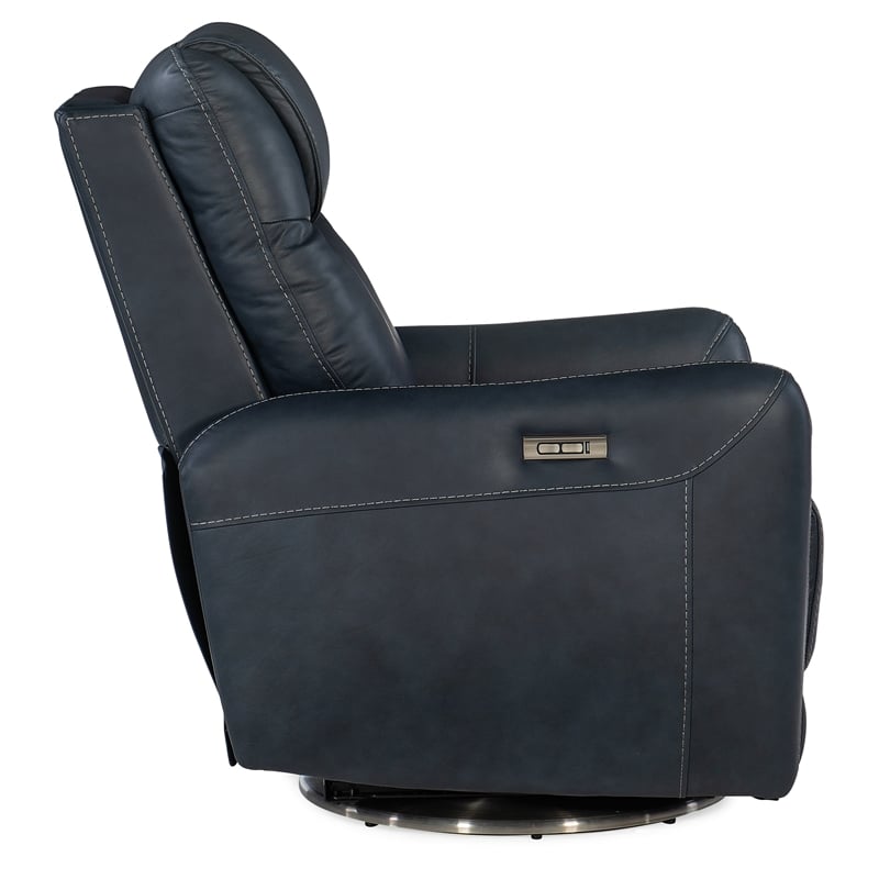 Steffen Swivel Power Recliner with Power Headrest in Blue Leather by Hooker