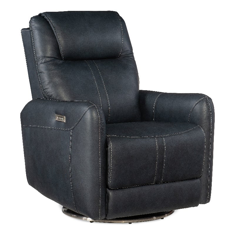 Steffen Swivel Power Recliner with Power Headrest in Blue Leather by Hooker