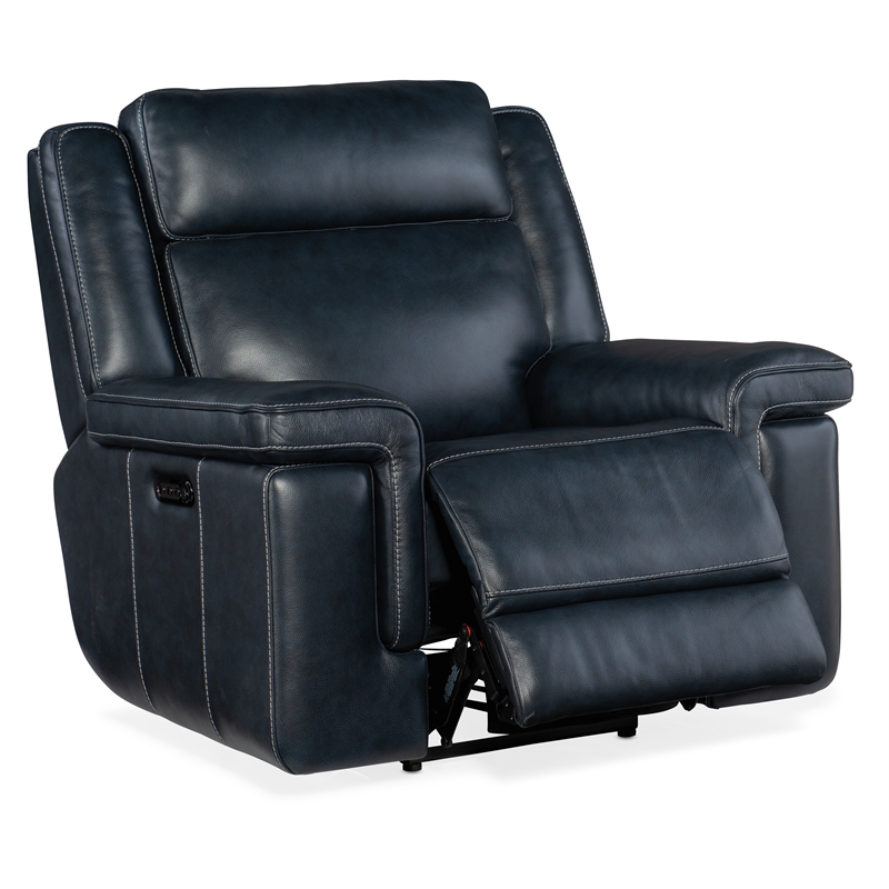 Montel Lay Flat Power Recliner with Power Headrest & Lumbar in Blue Leather