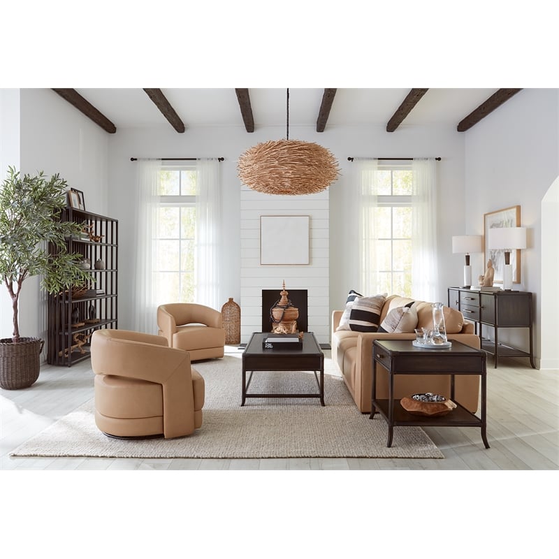 Keys Wide Arm Stationary Sofa in Beige Leather by Hooker Furnishings