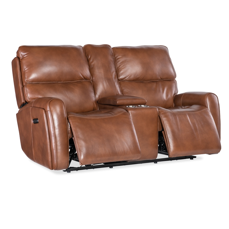 Crosby Pwr Loveseat w/ Pwr Headrest & Lumbar in Brown Leather by Hooker