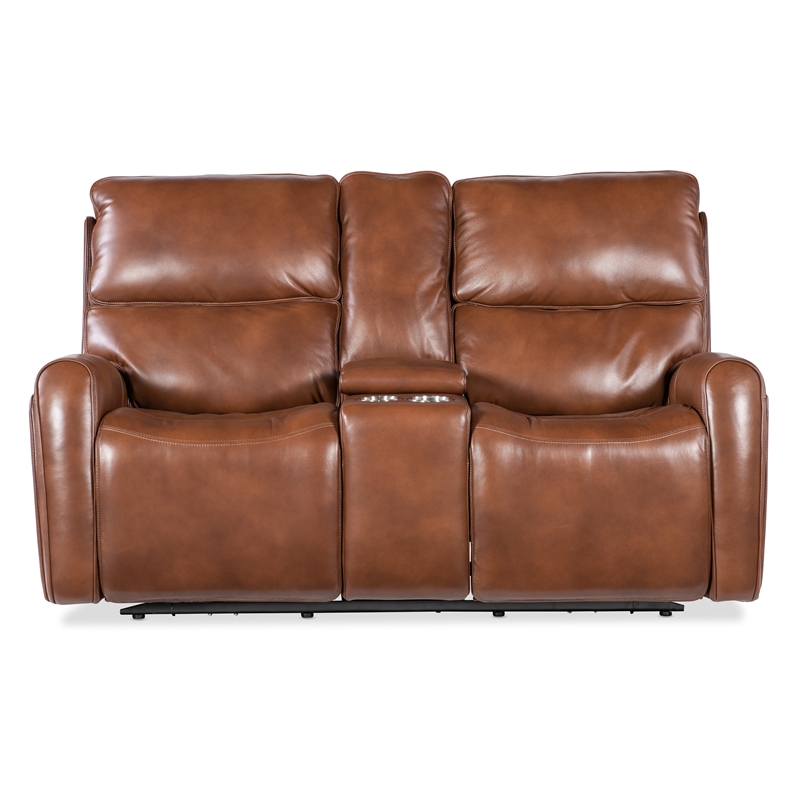 Crosby Pwr Loveseat w/ Pwr Headrest & Lumbar in Brown Leather by Hooker