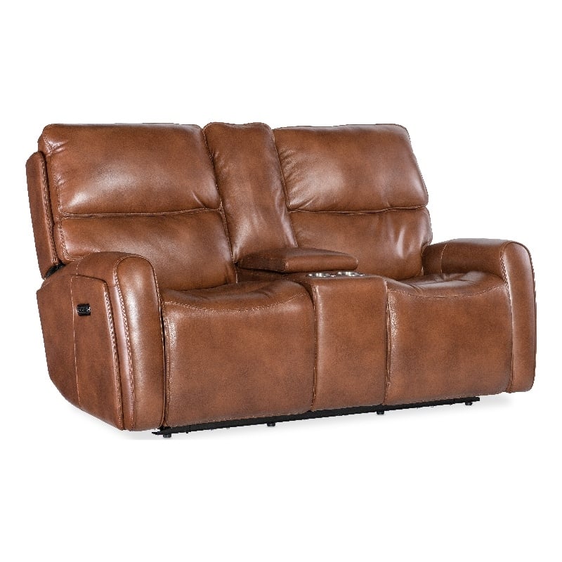 Crosby Pwr Loveseat w/ Pwr Headrest & Lumbar in Brown Leather by Hooker