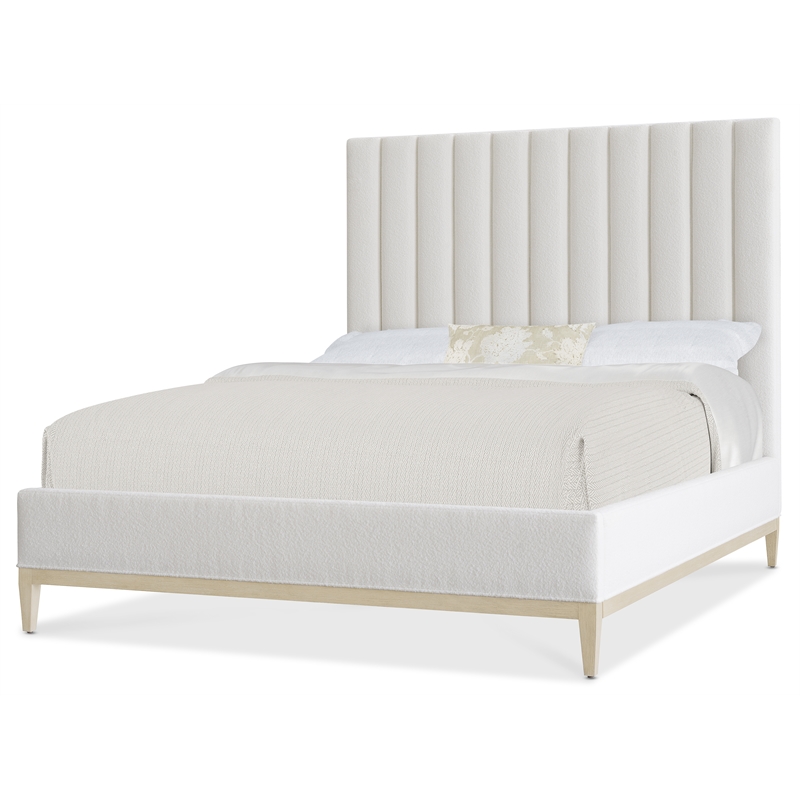 Cascade Queen Upholstered Bed with Vertically Channeled White Fabric Headboard