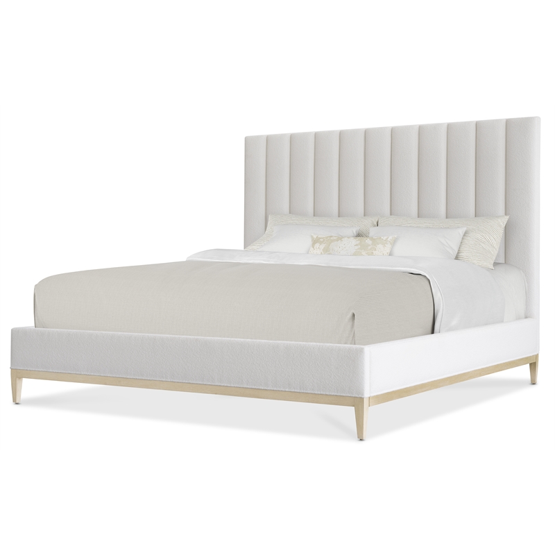 Cascade King Upholstered Bed with Vertically Channeled White Fabric Headboard