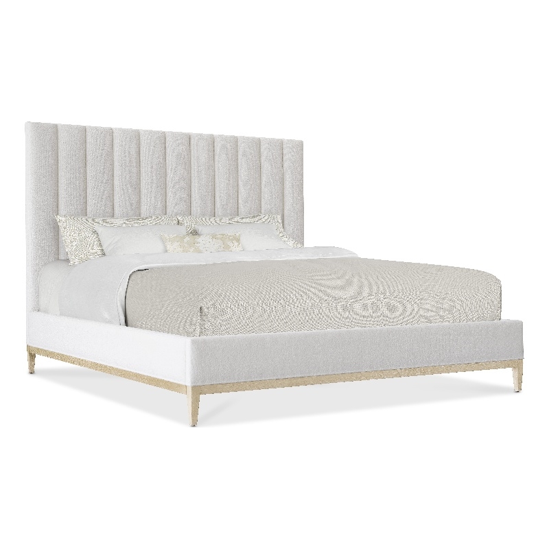 Cascade King Upholstered Bed with Vertically Channeled White Fabric Headboard
