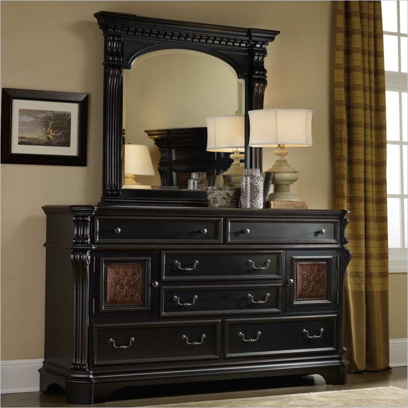 Hooker Furniture Telluride Six Drawer Dresser and Mirror in Black Paint