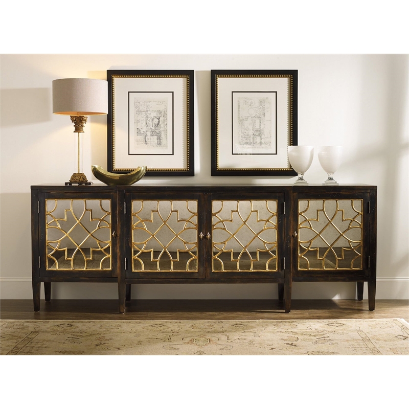 Hooker Furniture Living Room Sanctuary Four Door Mirrored Console in Ebony