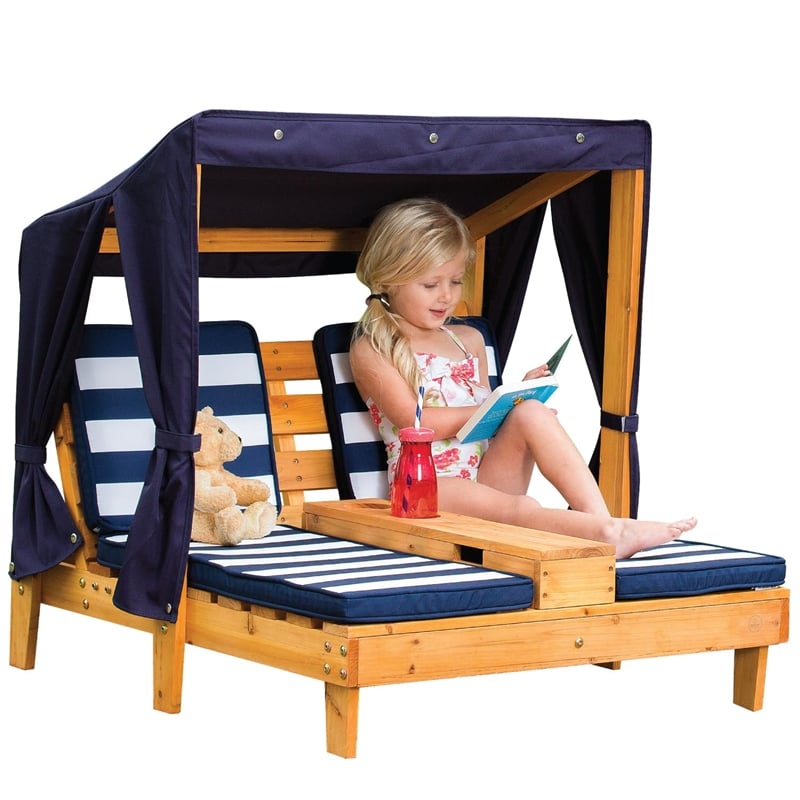 KidKraft Double Chaise Lounge with Cup Holder in Honey and Navy