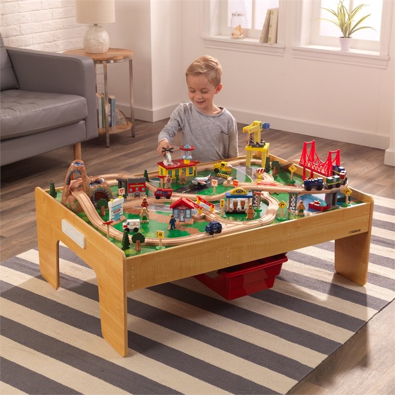 KidKraft 120 Piece Adventure Town Railway Train Table Set in Natural