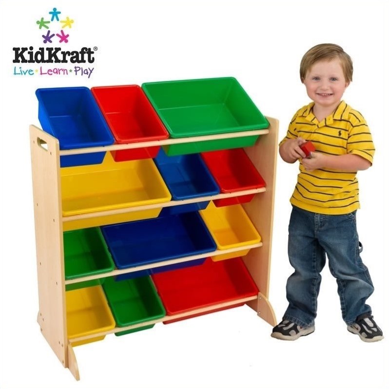 2 Piece Modern White Play Kitchen with Colorful Storage Bin Set